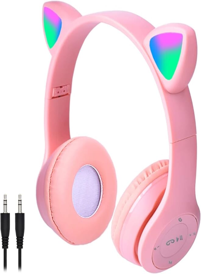 Pink Headphones for Kids, Megedream Cat Ear Led Light Up Kids Headphones Wiressless, 3.5mm Jack Wired, TF Card 3 in 1 Headset for Kids/School/iPad/Kids Tablet/Travel - Foldable Over